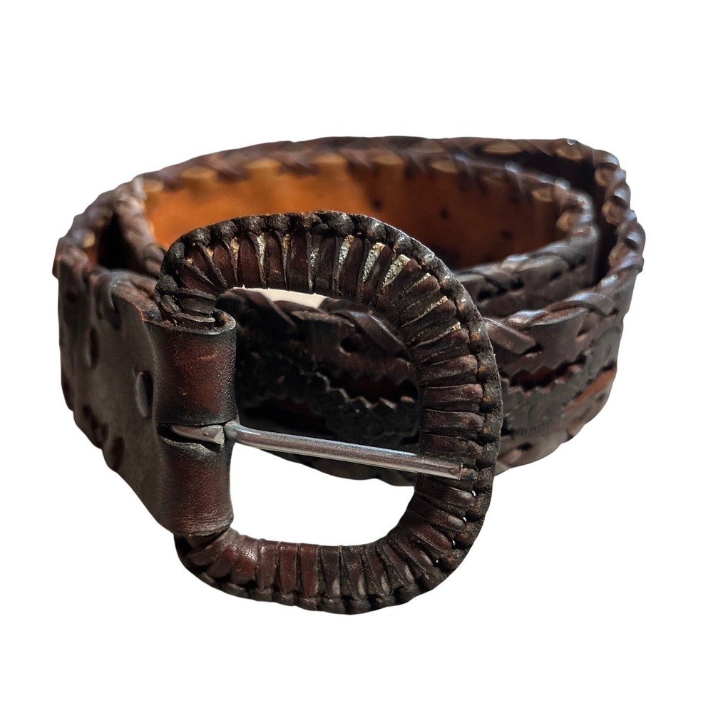 Vintage Dark Brown Leather Whipstitch Embossed Belt Leather Wrapped Buckle